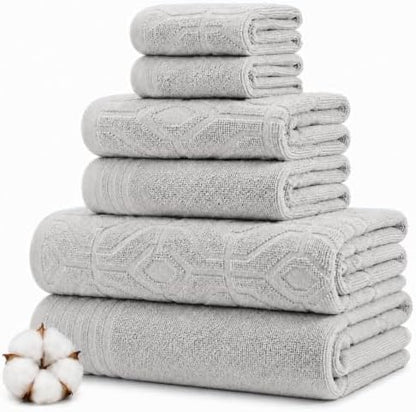 Modern Threads 6 Piece Bath Towel Set – Bathroom Towel Set with 2 Bath Towels, 2 Hand Towels & 2 Washcloths – 100% Cotton, Soft & Absorbent – Geometric (Silver Cloud)