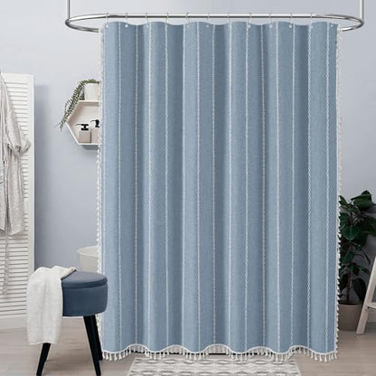 BTTN 72x78 Long Boho Farmhouse Linen Heavy Duty Cloth Shower Curtain, Blue