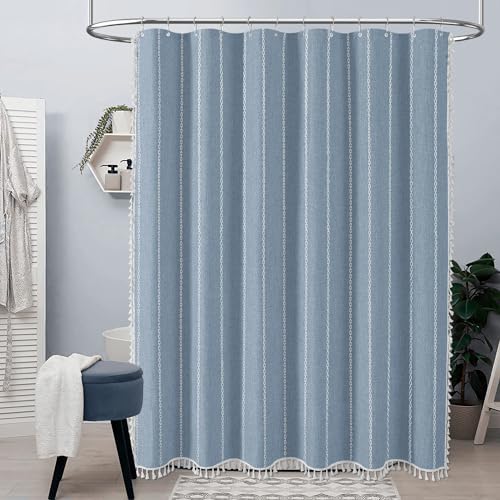BTTN 72x96 Extra Long Boho Linen Heavy Duty Cloth Shower Curtain Set, Blue