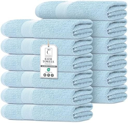 Commercial Bulk Pack of 12 Large Bath Towels – 100% Cotton Terry 24" x 50" – Ideal for Hotels, Salons, Gyms, Spas & Institutional Use – Sky Blue