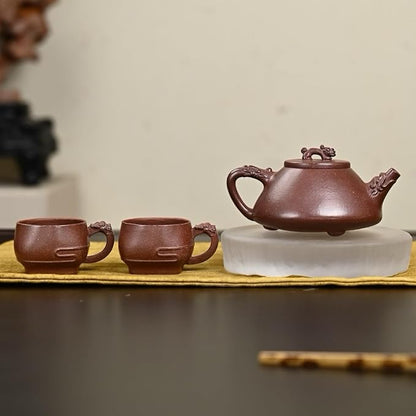 Handmade Zisha Teapot Set - Dragon Decorated Shi Piao Style, 300cc Teapot with 2x80cc Cups, Gift Box & Carry Bag, Purple Clay for Gongfu Tea