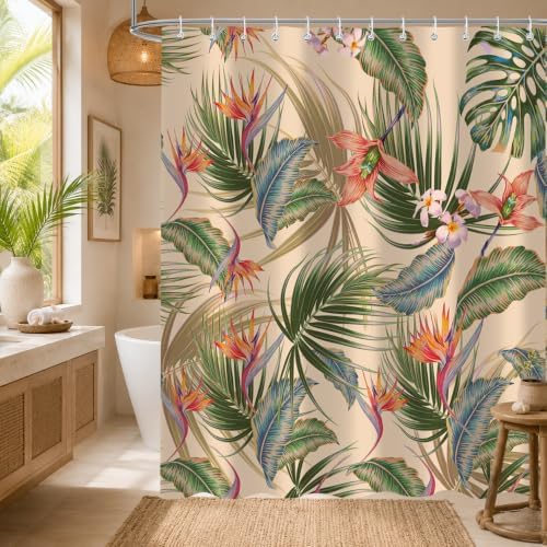 Tropical Shower Curtain, Colourful Leaves Floral Palm Leaf Hawaiian Botanical Plant Bathroom Decor, Waterproof Cloth Fabric Bath Curtain with Hooks 72 x 84 inch