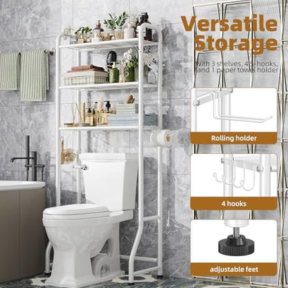 Simple Trending Over The Toilet Storage Rack, Metal 3 Tier Bathroom Organizer Shelf with Paper Holder and 3 Hooks, Freestanding Shelf Space Saver Above Toilet, White