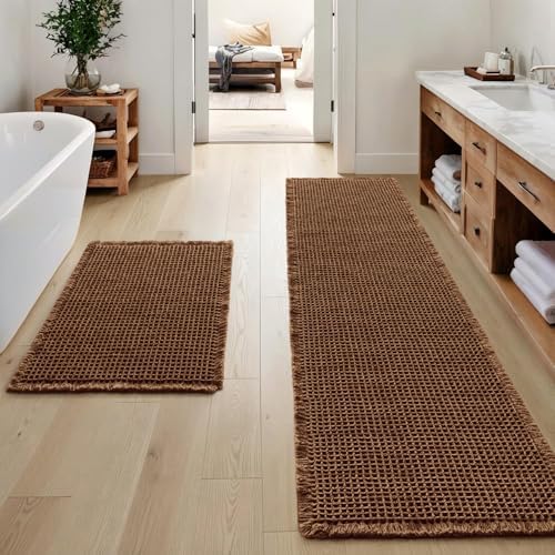 MIULEE Set of 2 Waffle Bathroom Rugs Boho Bath Mat Mocha 17"x24"+17"x48"