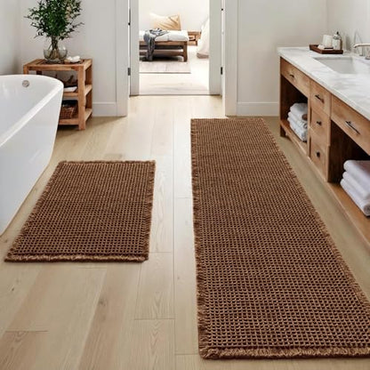 MIULEE Set of 2 Waffle Bathroom Rugs Boho Bath Mat Mocha 17"x24"+17"x48"