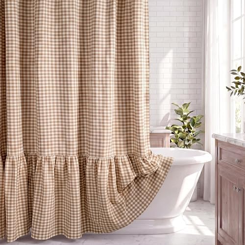 HunnmingRe Ruffle Hem Gingham Shower Curtain Taupe