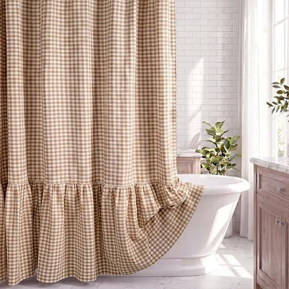 HunnmingRe Ruffle Hem Gingham Shower Curtain Taupe