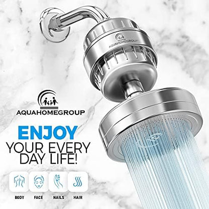 AquaHomeGroup Filtered Shower Head, Chrome, 2-Stage, 2.5 GPM, 2 Cartridges