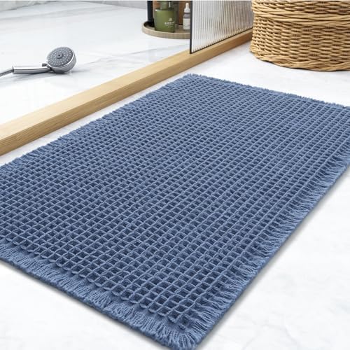 Waffle Bath Mat Rug, Super Absorbent Non Slip Bath Mats for Bathroom Mat Ultra Soft Bathmat Machine Washable Bathroom Rugs with Tassels, Bath Rugs for Bathroom Floor Beside Tub, 18" x 30", Blue