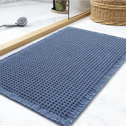 tchdio Waffle Bath Mat, Super Absorbent Non Slip Bath Mats for Bathroom Mat Ultra Soft Bathmat Machine Washable Bathroom Rugs with Tassels, Blue, 20" x 32"