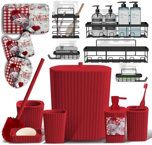 Clara Clark Bathroom Set - Christmas Bathroom Accessories Set, 14PC Bathroom Accessory Set, Christmas Bathroom Sets with Bathroom Rugs, Adhesive Corner Shower Caddy Hanging, Toilet Brush & Trash Can