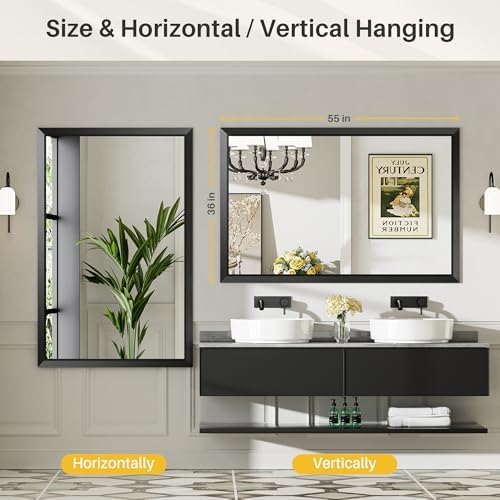 Briivue Black Metal Framed Bathroom Wall Mirror, 55x36 Inch