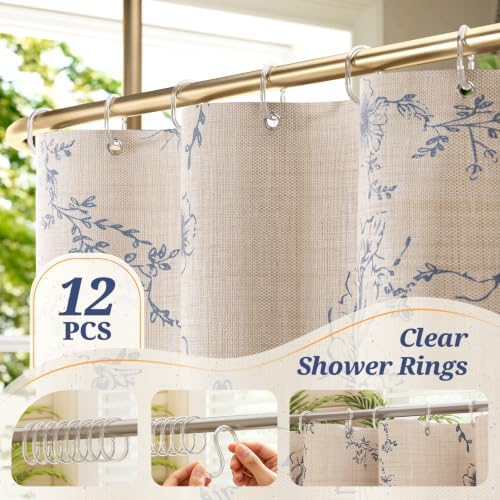 Vintage Blue Floral Shower Curtain with 12 Clear Rings - 72" W x 72" L