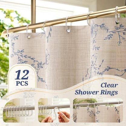 Vintage Blue Floral Shower Curtain with 12 Clear Rings - 72" W x 72" L
