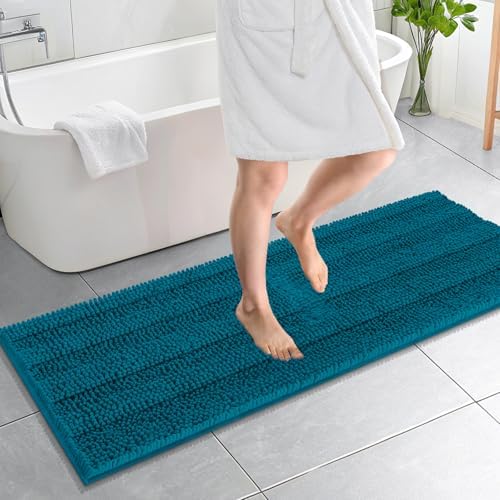 OLANLY Thick Bathroom Runner Rugs 59x20, Chenille Bath Rugs, Peacock Blue