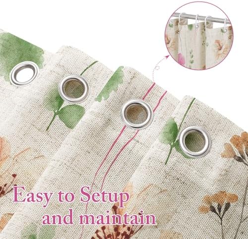 Gibelle Pink Green Linen Watercolor Floral Fabric Shower Curtain, 72x72