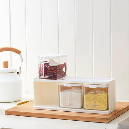 Hedume 2 Pack 3 Grids Clear Seasoning Box with Handle and Spoon, Seasoning Storage Container Rack Combo Set with Removable Cruet Jars for Spice Salt Sugar