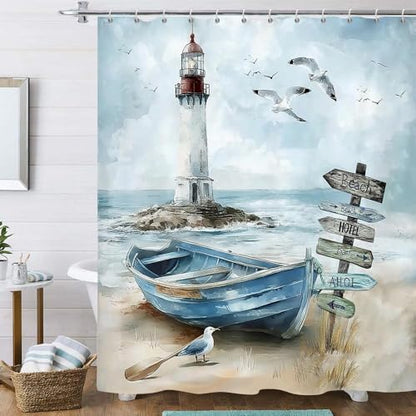 Nautical Coastal Shower Curtain, Ocean Beach Lighthouse Shower Curtain, Blue Teal Seasides Sailboat Bathroom Accessories Fabric Waterproof with Hooks,60X70in