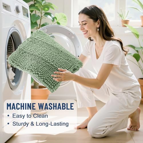 Grandaily Chenille Striped Bathroom Rugs 59x20, Extra Thick and Soft Absorbent Bath Mats, Rubber Backing, Plush Shaggy Shower Carpet, Machine Wash Dry, Bath Rug for Bathroom, Grayish Green