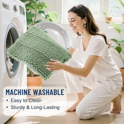 Grandaily Chenille Striped Bathroom Rugs 59x20, Extra Thick and Soft Absorbent Bath Mats, Rubber Backing, Plush Shaggy Shower Carpet, Machine Wash Dry, Bath Rug for Bathroom, Grayish Green
