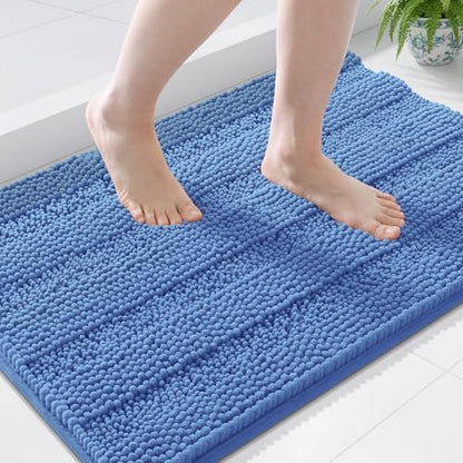 Grandaily Chenille Striped Bathroom Rugs 44x24, Extra Thick and Soft Absorbent Bath Mats, Rubber Backing, Plush Shaggy Shower Carpet, Machine Wash Dry, Bath Rug for Bathroom, Cornflower Blue
