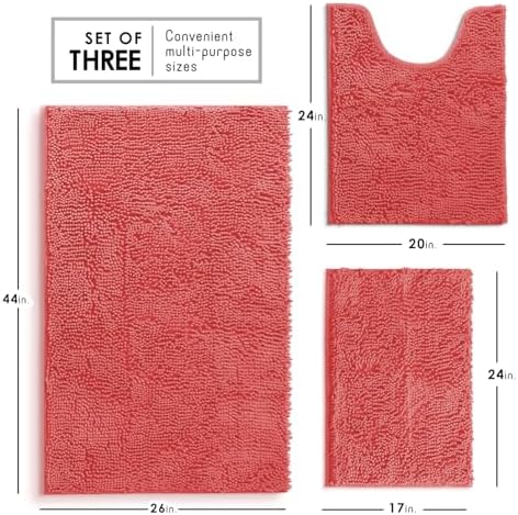 Hearth & Harbor Bathroom Rugs, Chenille Bath Mat - Machine Washable Bath Mats for Bathroom Non-Slip Backing Rubber, Quick Dry Mat - Rose Bath Rug, 17x24-26x44-20x24