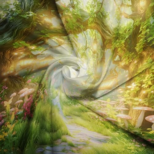 Fantasy Forest Path Shower Curtain Fairy Magical Enchanted Misty Jungle Mushroom Floral Tree Butterfly Lantern Spring Wonderland Bath Curtain Fabric Bathroom Accessories Decor with Hooks 84W x70L