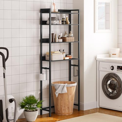 MAHANCRIS Over The Toilet Storage Rack, 4 Tier Bathroom Organizer Over Toilet, Freestanding Space Saver Toilet Stand with 2 Hooks, Bathroom Storage Shelf, Easy to Assemble, Black TSHB0401