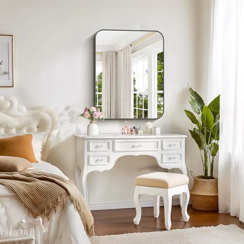 Bathroom Mirror, 30 x 24 inch Metal Framed Black Rectangle Mirror, Rounded Corner Rectangular Vanity Mirror, Wall Mounted Mirror for Modern Bedroom Living Room Hangs Horizontal or Vertical