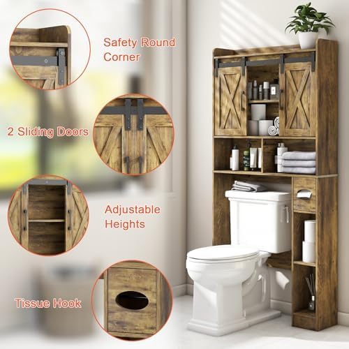 Vabches Over The Toilet Storage Cabinet with Sliding Doors, Rustic Brown