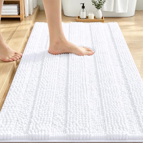 OLANLY Thick Bathroom Rugs 30x20, Soft Chenille Striped Bath Rugs, White