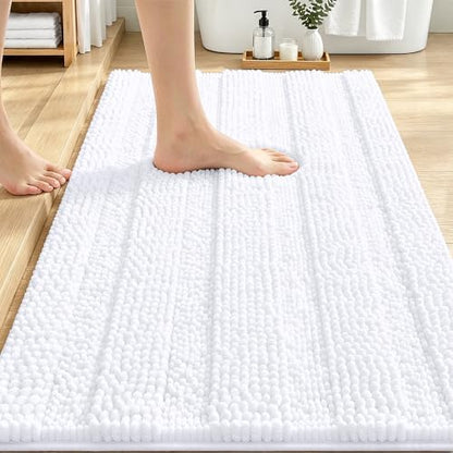 OLANLY Thick Bathroom Rugs 30x20, Soft Chenille Striped Bath Rugs, White
