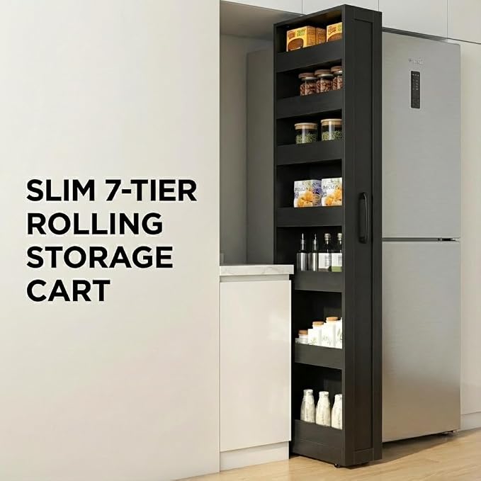 Slim Rolling Storage Cart, 7-Tier Pull-Out Spice Rack with Handle & Wheels, Narrow Kitchen Organizer for Next to Fridge, Pantry, Laundry Room, 7.87 Inch Wide Space Saver (Black, Hidden Wheels)