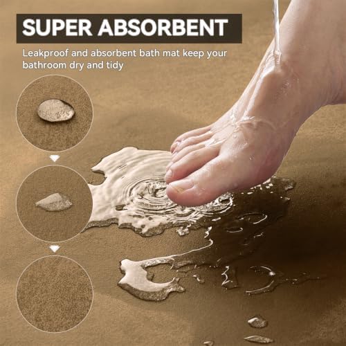 MontVoo -Bath Mat Rug-Rubber Backing Non Slip Quick Dry Absorbent Thin Bathroom Rugs Fit Under Door-Faux Suede Surface Bathroom Floor Mats-Shower Rug for in Front of Bathtub Shower Camel 16"x24"