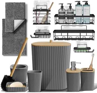 Clara Clark Bathroom Set - Grey Bathroom Accessories Set, 6PC Bathroom Accessory Set, Bathroom Sets with Bathroom Rugs, Adhesive Corner Shower Caddy Hanging, Toilet Brush, Trash Can & Soap Dispenser