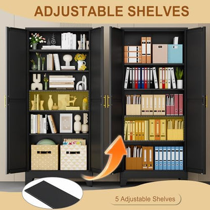 75" Black Metal Storage Cabinet with 2 Doors and 5 Adjustable Shelves,Steel Garage Tool Cabinet, File Cabinet,Kitchen Pantry Cabinet for Home,Office,Garage,School,Warehouse