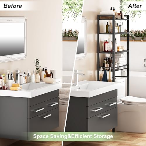 Kalrin Over-The-Toilet Storage Rack, 4-Tier Bathroom Organizer Shelf Over Toilet with Adjustable Shelf and Basket, Freestanding Space Saver Bathroom Shelves Above Toilet for Room (Pure Black)