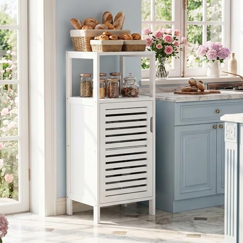 HITNET Bamboo Bathroom Storage Cabinet, 4 Tier Small White Floor Cabinet with Single Door, Free Standing Slim Narrow Storage Organizer for Living Room Entryway