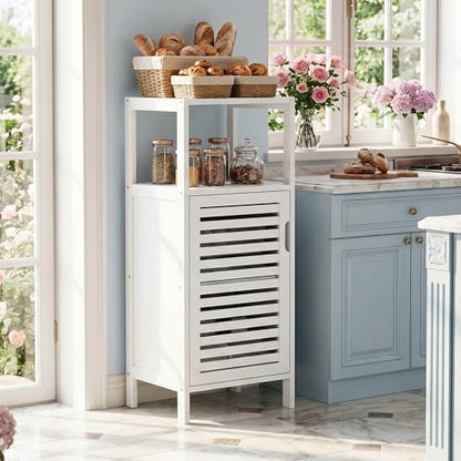 HITNET Bamboo Bathroom Storage Cabinet, 4 Tier Small White Floor Cabinet with Single Door, Free Standing Slim Narrow Storage Organizer for Living Room Entryway