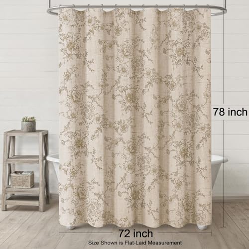 Farmhouse Vintage Linen Shower Curtain for Bathroom, Beige Floral