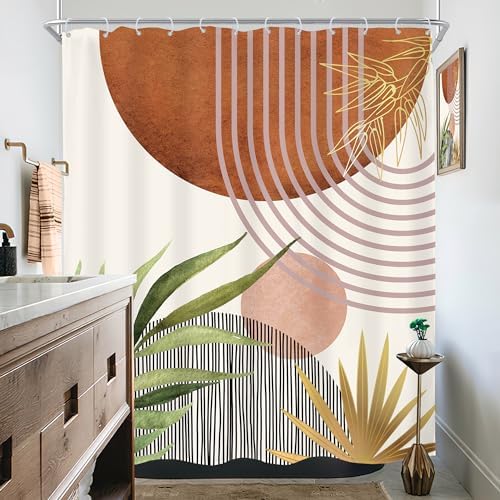 Mid Century Green Boho Abstract Modern Brown Bathroom Shower Curtain Set