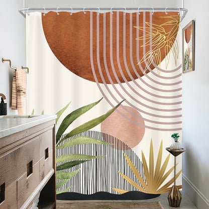 Mid Century Green Boho Abstract Modern Brown Bathroom Shower Curtain Set