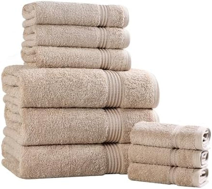 Superior Egyptian Cotton 9-Piece Towel Set, Assorted Towels for Home Bathroom, Guest Bath Decor Essentials, Includes 3 Bath, 3 Hand, 3 Face Towels/Washcloths, Quick Dry, Absorbent - Taupe