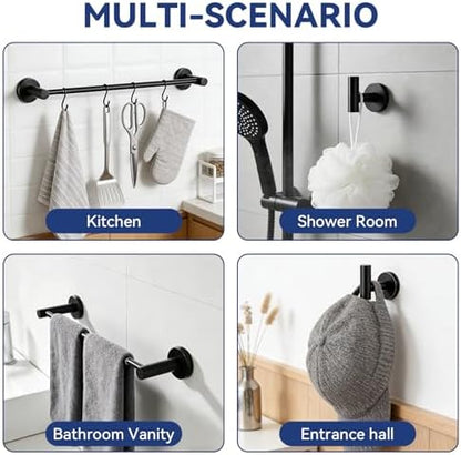 5Pcs Bathroom Hardware Set, Matte Black Bathroom Accessories Set with 24" Towel Bar, Upgraded Toilet Paper Holder with Shelf, Towel Ring & 2 Robe Hooks, Wall Mounted Stainless Steel Bath Hardware Set