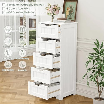 FOTOSOK Bathroom Cabinet, Bathroom Storage Cabinet with 5 Drawers, White
