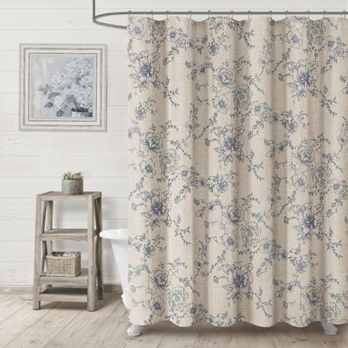 Farmhouse Floral Vintage Shower Curtain for Bathroom, Dark Blue and Tan