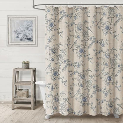 Farmhouse Floral Vintage Shower Curtain for Bathroom, Dark Blue and Tan