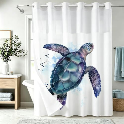 Funny Sea Turtle Shower Curtains Ocean Animal Cartoon Kids Theme No Hook Waffle Weave Shower Curtain with Snap in Liner Polyester Fabric Bathroom Decor Set 72 W x 86 H Inch Teal Purple