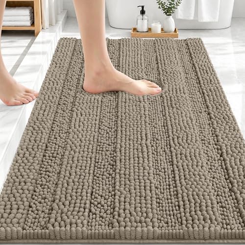 OLANLY Thick Bathroom Rugs 30x20, Chenille Striped Bath Rugs, Warm Taupe