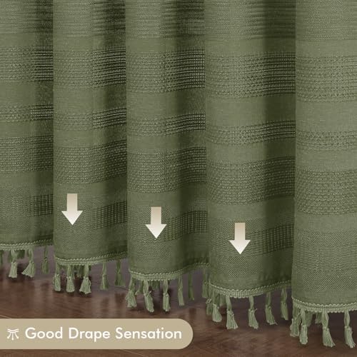 OVZME Sage Green Boho Stall Shower Curtain, Narrow Soft Fabric Striped Linen Textured Bathroom Shower Curtain with Tassel, Modern Farmhouse Machine Washable Bath Decor, 36Wx72L Inches